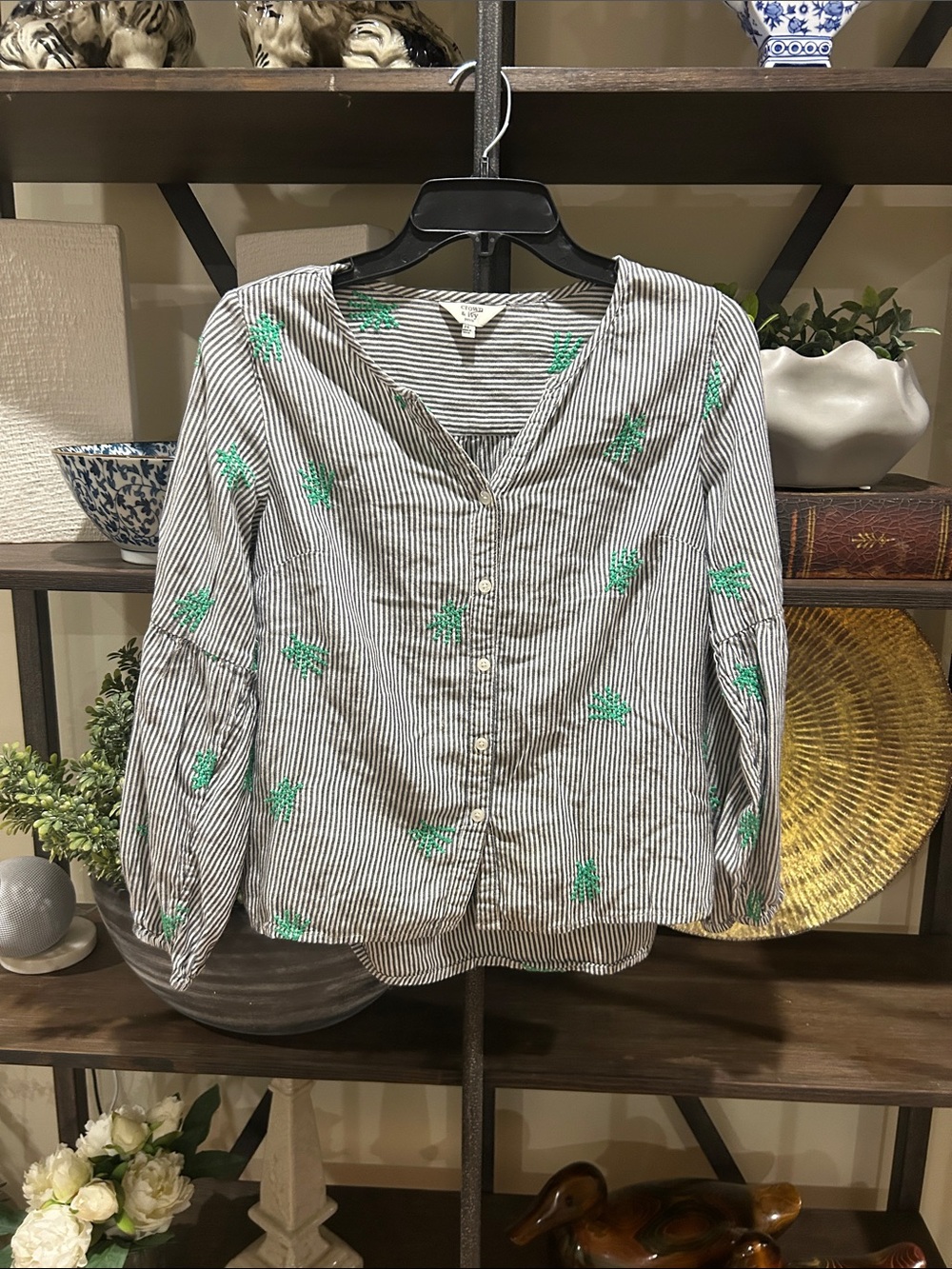 Crown & Ivy ps Striped Button-Front V-Neck Blouse with Green Floral Embroidery